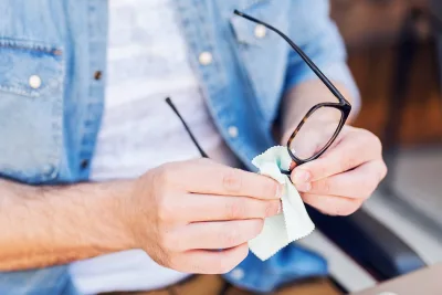a person cleaning glasses with a cloth